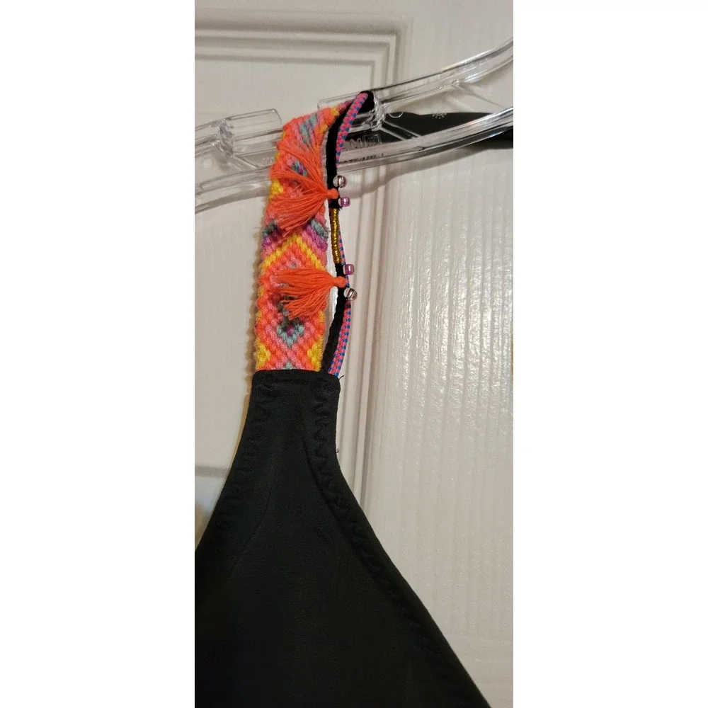 Victorias Secret Black Triangle Bikini Top Woven Boho‎ Tassel Straps Large - Picture 3 of 5